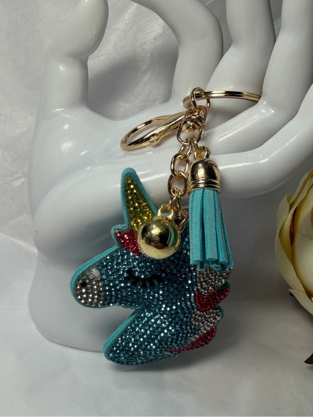 Turquoise Crystal Unicorn Keychain with Tassel